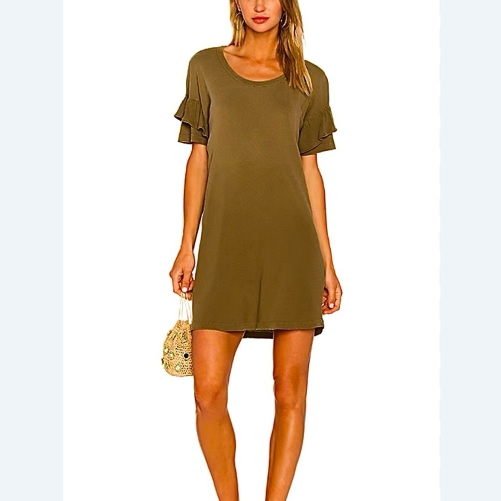 Current/Elliott Stone Olive Green Ruffle Slv Roadie T-Shirt Dress L Distressed